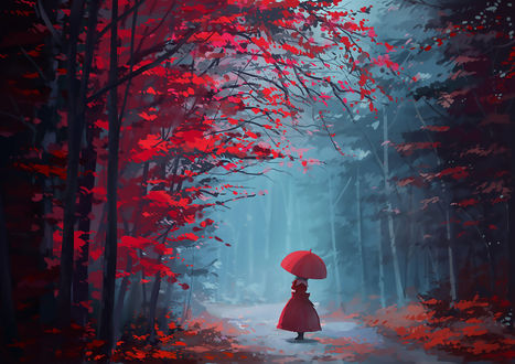 Обои на рабочий стол Девушка с красным зонтом стоит на дороге, Hina Kagiyama, Touhou Project / Хина Кагияма, Проект Тохо