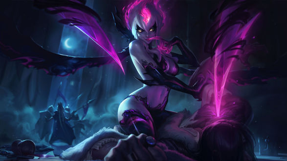 Обои на рабочий стол Демон Evelynn / Эвелинн с ухмылкой сидит на убитом мужчине, из игры League of Legends / Лига Легенд