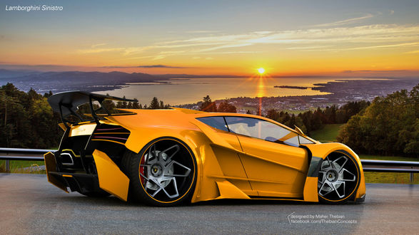 Обои на рабочий стол Желтый Lamborghini Sinistro стоит на фоне заката солнца, by thebian