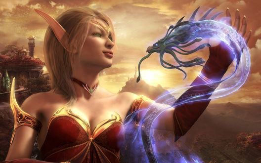 Обои на рабочий стол Девушка эльфийка с драконом в руке из игры World of Warcraft / Мир военного ремесла
