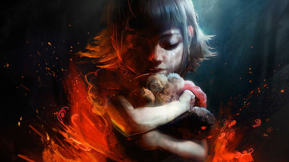 Обои на рабочий стол Annie / Энни из игры League of Legends / Лига Легенд, обнимает плюшевого мишку