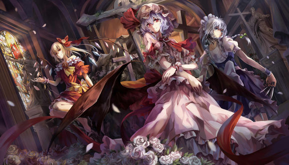 Обои на рабочий стол Remilia Scarlet / Ремилия Скарлет, Flandre Scarlet / Фландре Скарлет, Sakuya Izayoi из серии компьютерных игр Touhou Project / Проект «Восток»/Toxo
