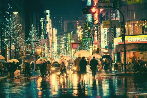 Обои на рабочий стол Дождь в ночном Токио, Япония / Raini nights in Tokyo, Japan