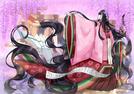 Обои на рабочий стол Murasaki Shikibu в кимоно со свитком под глицинией, аниме и игра Fate : Grand Order / Судьба: Великий Приказ