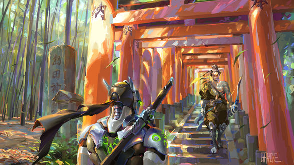 Обои на рабочий стол Genji и Hanzo из игры Overwatch / Дозор, anime art Shengyi Sun