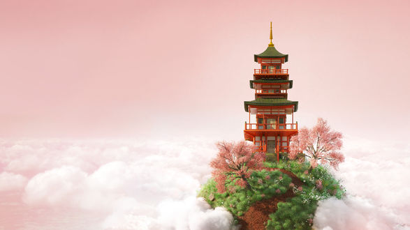 Обои на рабочий стол Храм / Cherry Blossom / с деревьями на островке земли в облаках, фэнтези арт by dnecra - Arif Cendekiawan