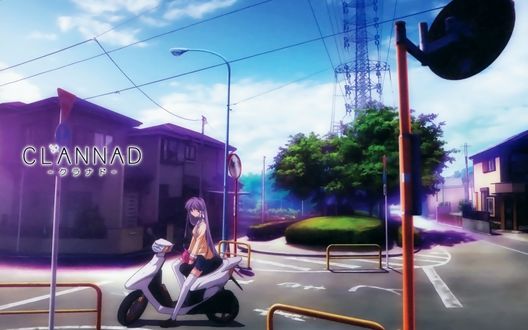 Обои на рабочий стол Kyou Fujibayashi / Ке Фудзибаяси сидит на скутере, из аниме Кланнад / Clannad