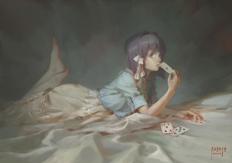 Обои на рабочий стол Девочка Ryou Fujibayashi / Ре Фудзибаяси с картами в руке лежит на постели, видеоигра Clannad, by Enze Fu
