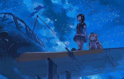 Обои на рабочий стол Две девочки на крыле самолета