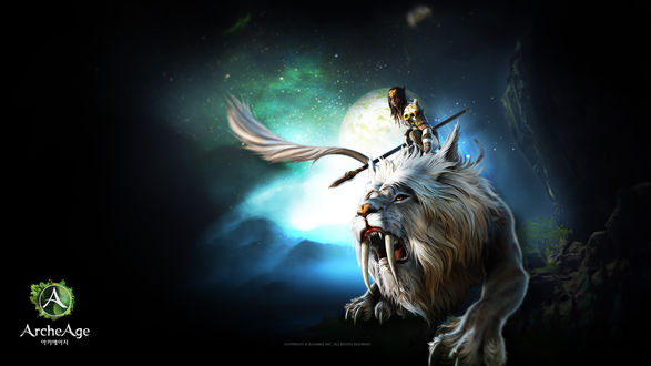 Обои на рабочий стол Парень с копьем сидит на саблезубом льве, видеоигра ArcheAge