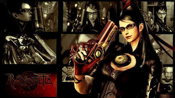 Обои на рабочий стол Байонетта / Bayonetta из игры Bayonetta с пистолетом в руке