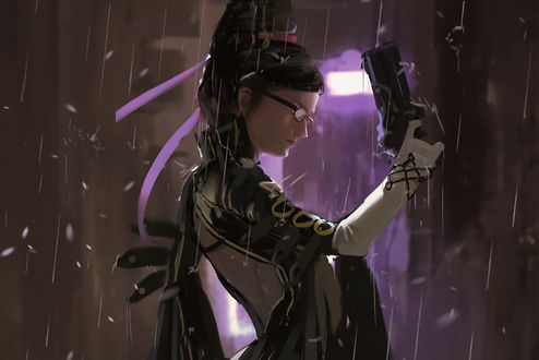 Обои на рабочий стол Байонетта / Bayonetta из игры Bayonetta с пистолетом в руке, by Atey Majeed Ghailan