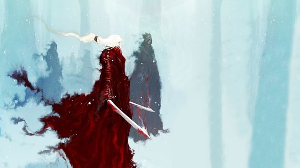 Обои на рабочий стол Девушка воин с мечом в руке, фэнтези арт by Aaron Nakahara