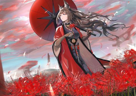 Обои на рабочий стол Девушка Amagi / Амати с красным зонтом из аниме Azur Lane / Лазурный путь