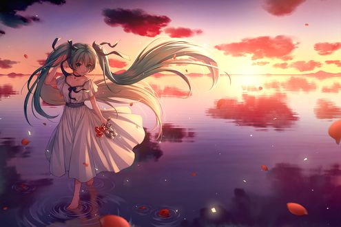Обои на рабочий стол Vocaloid Miku Hatsune / вокалоид Мику Хацунэ c цветами в руке стоит в воде