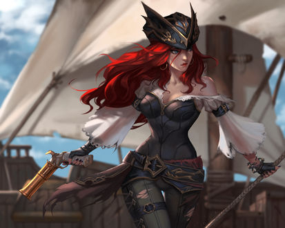 Обои на рабочий стол Miss Fortune / Мисс Фортуна, Katarina / Катарина арт к игре League of Legends / Лига Легенд, by gantzu