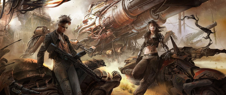 Обои на рабочий стол Две девушки киборга стоят возле мотоциклов / футуристик арт