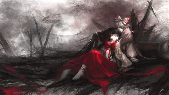 Обои на рабочий стол Fujiwara no Mokou / Фудживара но Моко и Houraisan Kaguya / Кагуя Хорайсан, из серии компьютерных игр Тохо / Touhou Project