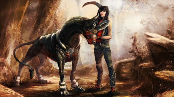Обои на рабочий стол Houndoom (существо полусобака) с девушкой из аниме Pokemon / Покемон, by Roiuky