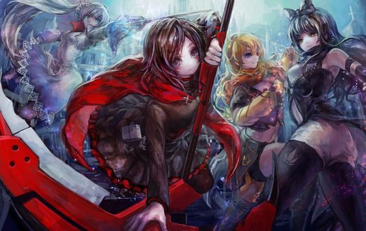 Обои на рабочий стол Weiss Shnee / Вайс Шни, Ruby Rose / Руби Роуз, Yang Xiao Long / Янь Сяо Лун, Blake Belladonna / Блейк Белладонна из аниме RWBY / Красный, Белый, Черный, Желтый