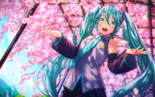 Обои на рабочий стол Vocaloid Miku Hatsune / вокалоид Мику Хацунэ на фоне цветущей вишни