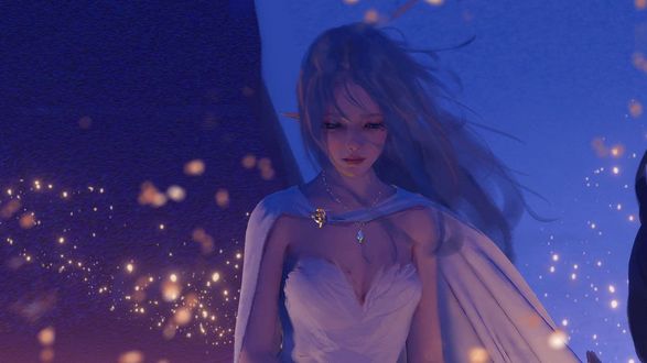Обои на рабочий стол Девушка - эльфийка с голубыми волосами, Ghost Blade Призрачный клинок, by wlop
