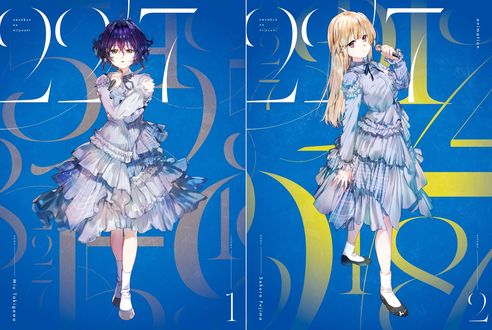 Обои на рабочий стол Miu Takigawa и Sakura Fujima в голубых платьях из аниме 22 / 7, by Yukiko Horiguchi
