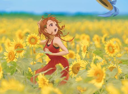 Обои на рабочий стол Персонаж Takami Chika / Таками Чика на поле с подсолнухами из аниме Love Live! Sunshine!/Живая любовь! Сияние