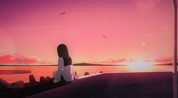 Обои на рабочий стол Девушка сидит у водоема и любуется закатом солнца, by ma_tochichi
