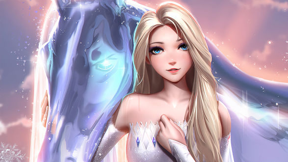 Обои на рабочий стол Elsa / Эльза с белой лошадью из мультфильма Frozen 2 / Холодное сердце 2, by Liang Xing