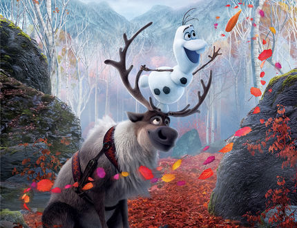 Обои на рабочий стол Olaf / Олаф олень и снеговик Sven / Свен из мультфильма Frozen 2 / Холодное сердце 2