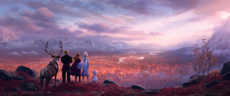 Обои на рабочий стол Elsa / Эльза, Anna / Анна, Kristoff / Кристоф, олень и снеговик из мультфильма Frozen 2 / Холодное сердце 2