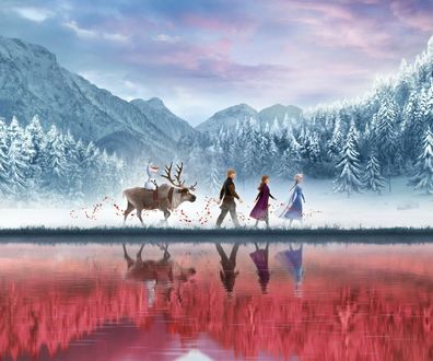 Обои на рабочий стол Elsa / Эльза, Anna / Анна, Kristoff / Кристоф, олень и снеговик из мультфильма Frozen 2 / Холодное сердце 2