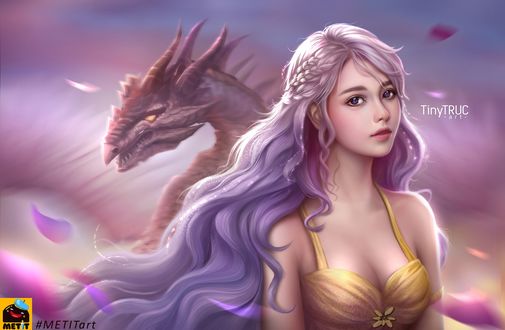 Обои на рабочий стол Daenerys Targaryen / Дейнерис Таргариен с драконом из сериала Игра престолов / Game of Thrones