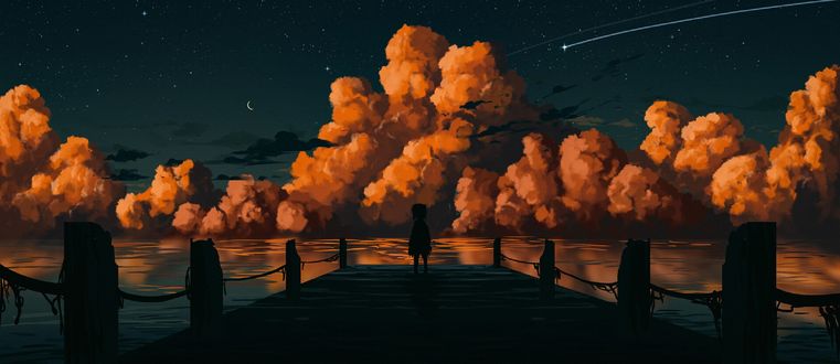 Обои на рабочий стол Девочка стоит на мосту на фоне огромных оранжевых облаков, by ItsEndy