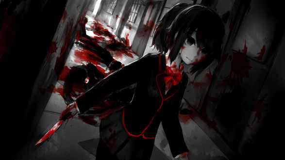 Обои на рабочий стол Девушка Yandere персонаж из игры - визуальной новеллы Yandere-Chan, art by kojin
