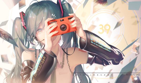 Обои на рабочий стол Vocaloid Miku Hatsune / вокалоид Мику Хацунэ с фотоаппаратом в руках