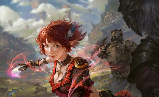 Обои на рабочий стол Девушка - эльфика и воины рядом, by Arif Wijaya