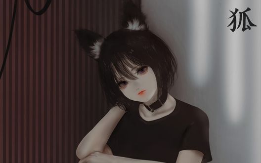 Обои на рабочий стол Девушка лиса в черном ошейнике, by Aoi Ogata