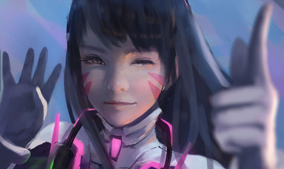 Обои на рабочий стол Ди Ва / D. Va из видеоигры Дозор / Overwatch, art by WLOP / Wang Ling