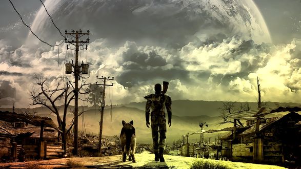 Обои на рабочий стол Воин с собакой идут по дороге, из видеоигры Fallout3