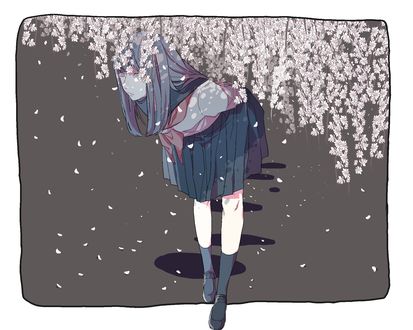 Обои на рабочий стол Девушка стоит под цветущими ветками, by Камино Суй склад