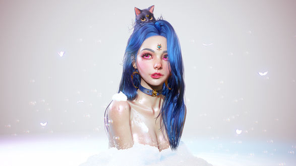 Обои на рабочий стол Девушка Bora Kim с кошкой на голове,
