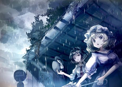 Обои на рабочий стол Девочки стоят на остановке под дождем, by sr_mineka