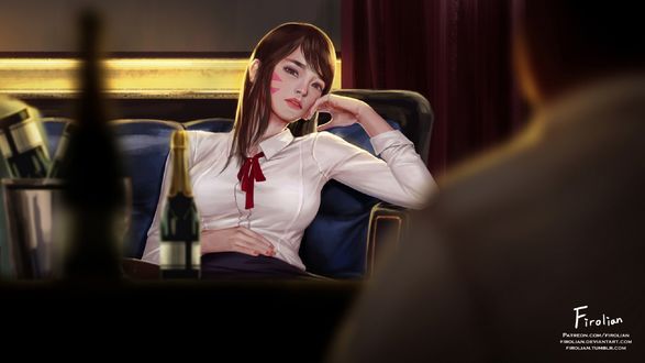 Обои на рабочий стол Персонаж D. Va из игры Оverwatch сидит перед столом с бутылкой, by Firolian