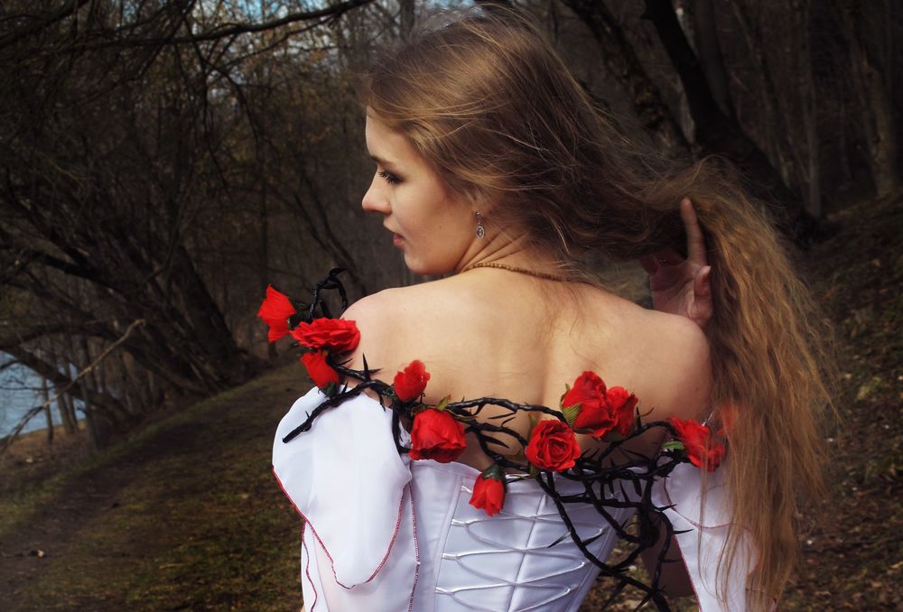 Обои для рабочего стола Девушка с длинными волосами обвита проволокой с красными розами на спине, by Y Aquilina-das