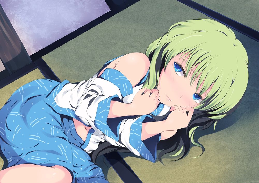 Обои для рабочего стола Kochiya Sanae / Санае Кочия лежит на полу, персонаж из серии компьютерных игр Touhou Project / Проект «Восток»