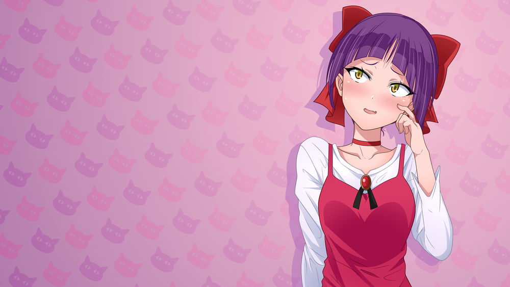Обои для рабочего стола Персонаж Neko Musume с сиреневыми волосами на фоне мордочек кошечек, by Dekodere