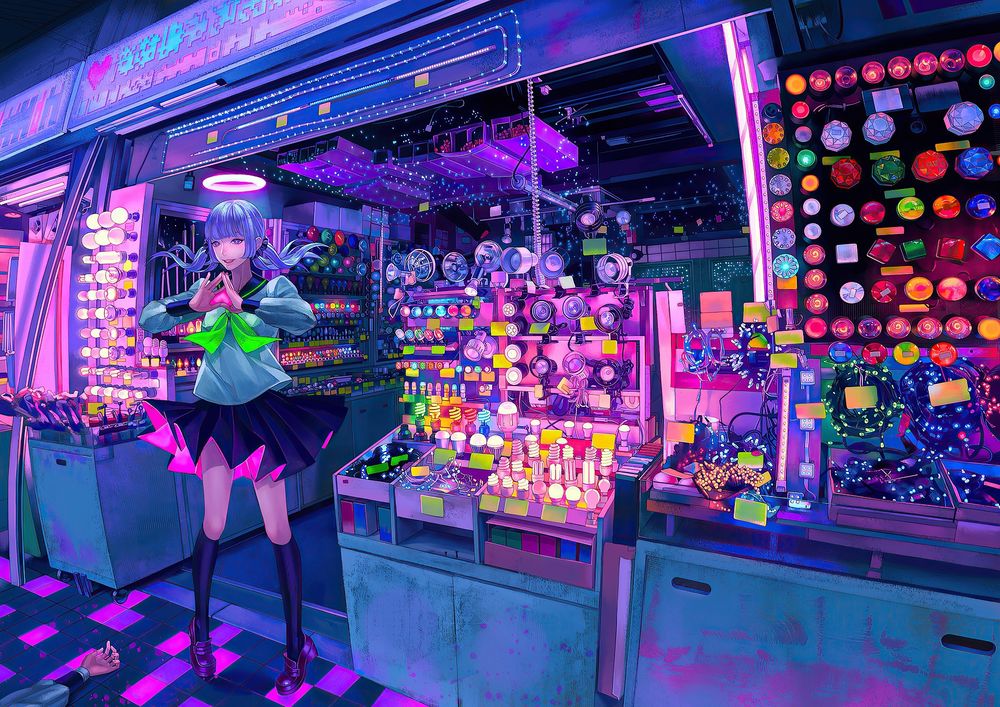 Обои для рабочего стола Vocaloid Miku Hatsune / вокалоид Мику Хацунэ с нимбом возле магазинчика сувениров, аrts by Zain