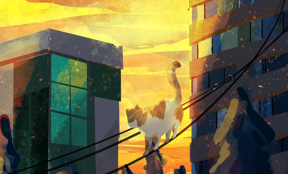 Обои для рабочего стола Кошка идет по проводам, by chen Hei